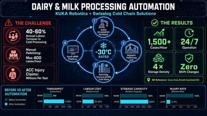 Dairy & Milk Processing Automation Infographic — KUKA Robotics + Swisslog Cold Chain Solutions
