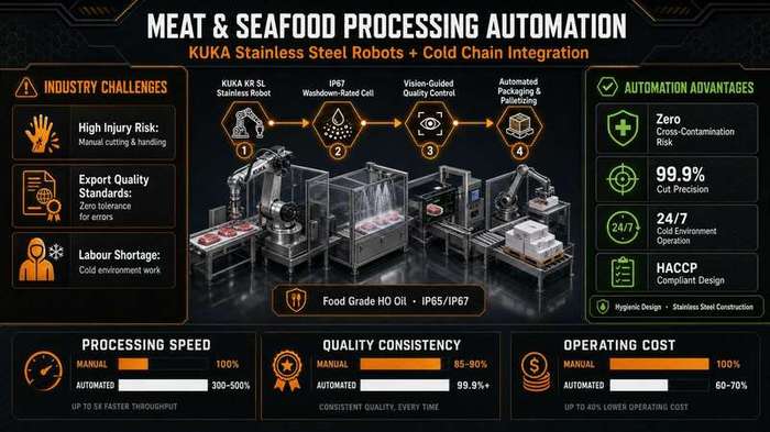 Meat & Seafood Processing Automation Infographic — KUKA Stainless Steel Robots + Cold Chain Integration