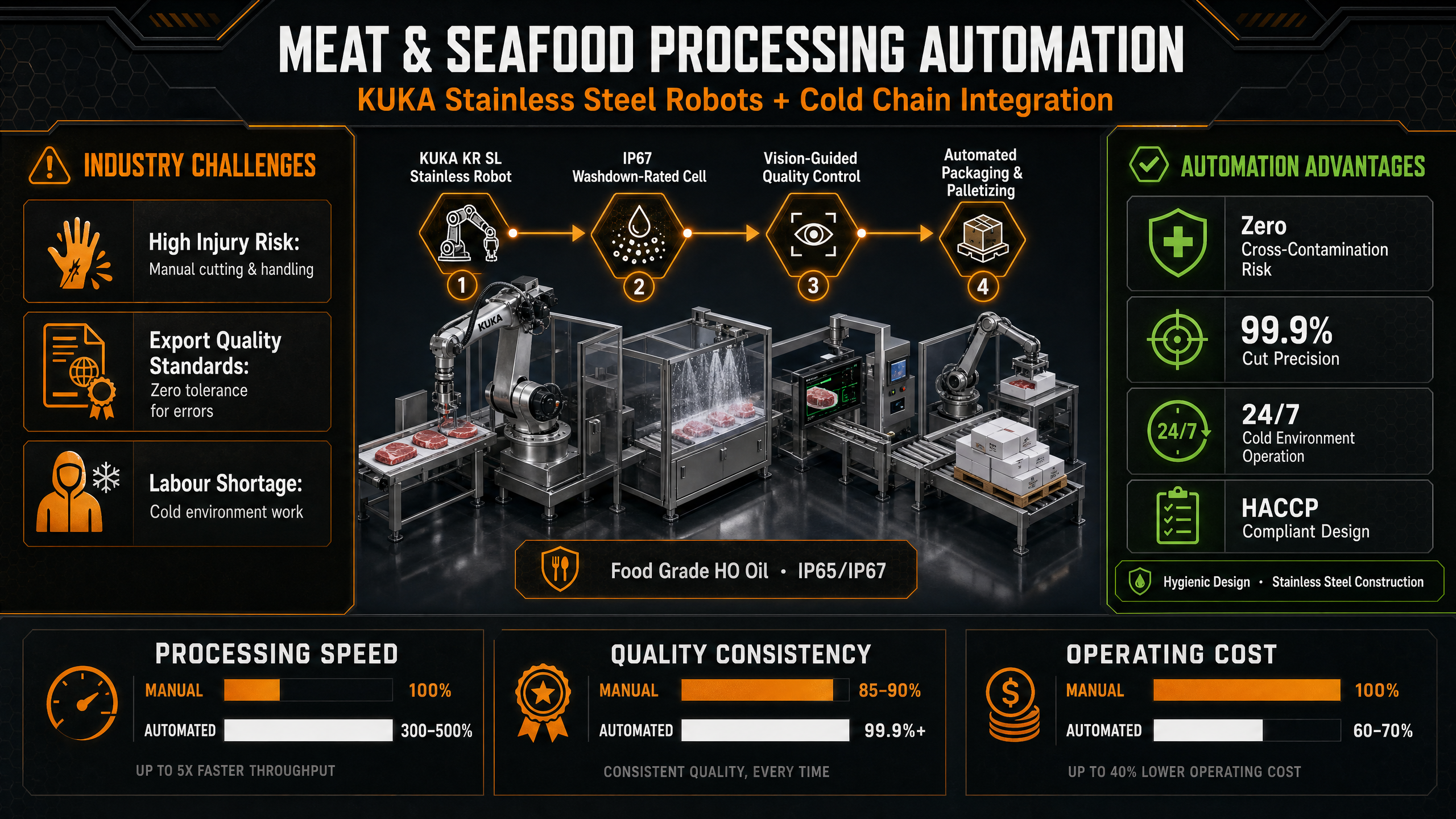 Meat & Seafood Processing Automation Infographic — KUKA Stainless Steel Robots + Cold Chain Integration